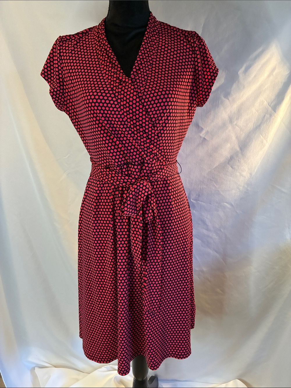 Liz Claiborne Red & black Polka Dot Wrap-Style Midi Dress size M office work